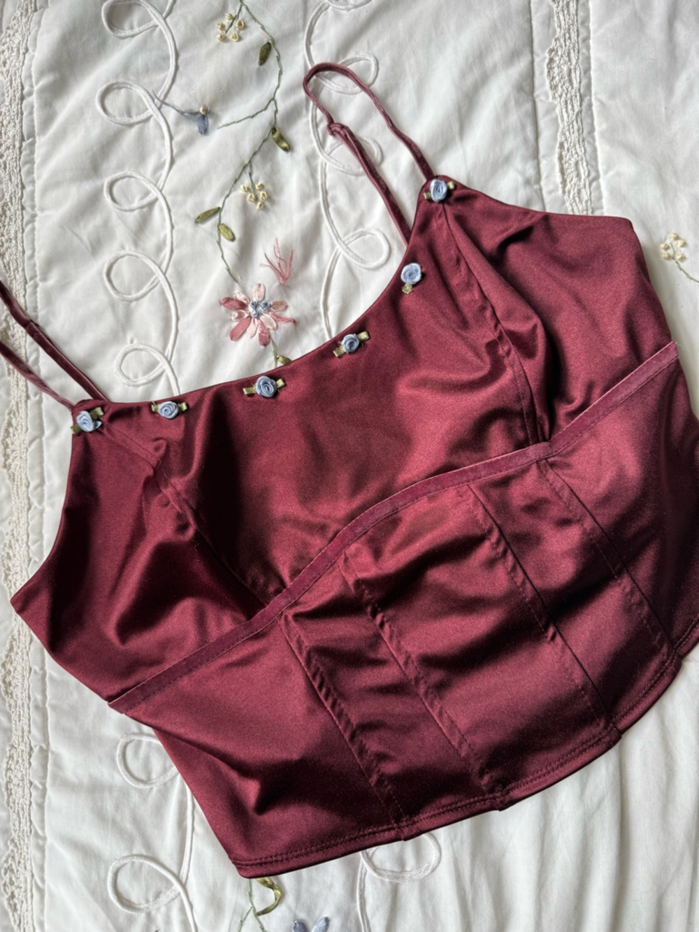 Burgundy Satin Spaghetti Strap Crop Top with Floral Accents